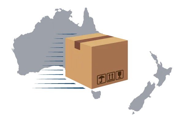Australia Shipping, it is a packed box on top of the map of Australia and New Zealand