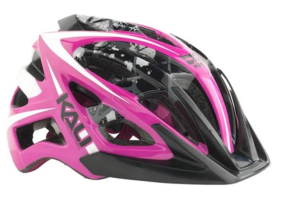 Pink and white mountain bike helmet