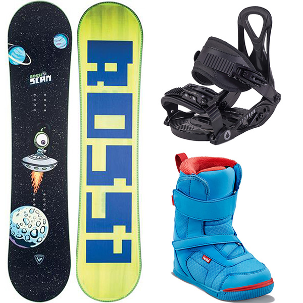 collage of children's snowboard gear including a Rossignol snowboard, Head boots, and Defiance bindings