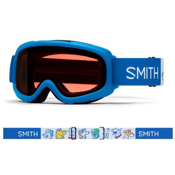kids smith goggles in blue with a cartoon dog pattern