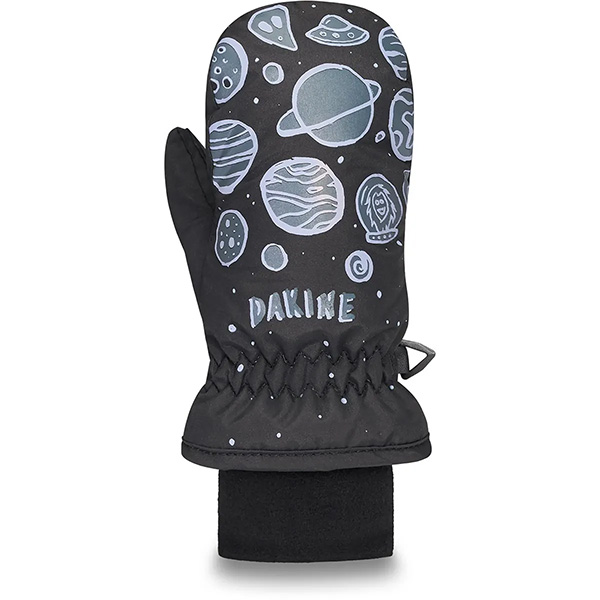 kids dakine mittens in black with blue planet pattern