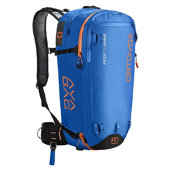 product photo of a bright blue ortovox avalanche backpack and air bag