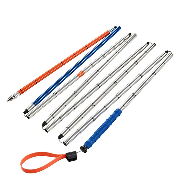 product photo of a blue, orange, and silver avalanche probe