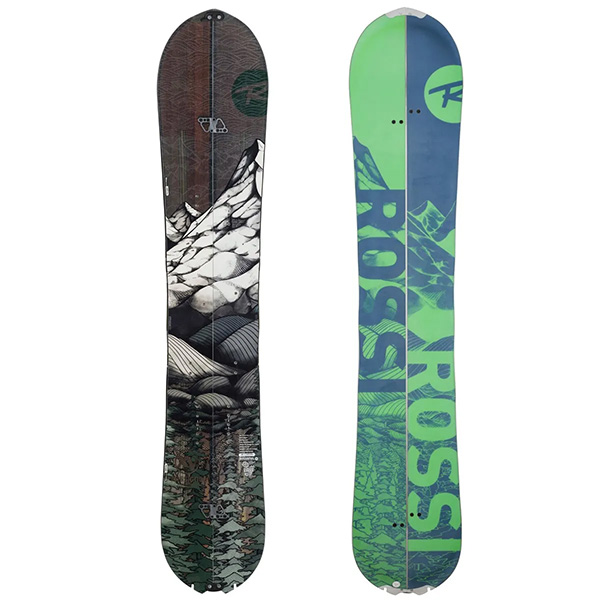product photo of a black and green Rossignol splitboard with a view of the top and bottom of the board