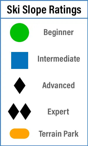 legend chart showing the symbols beginner, intermediate, advanced, expert, and terrain park ski slope ratings