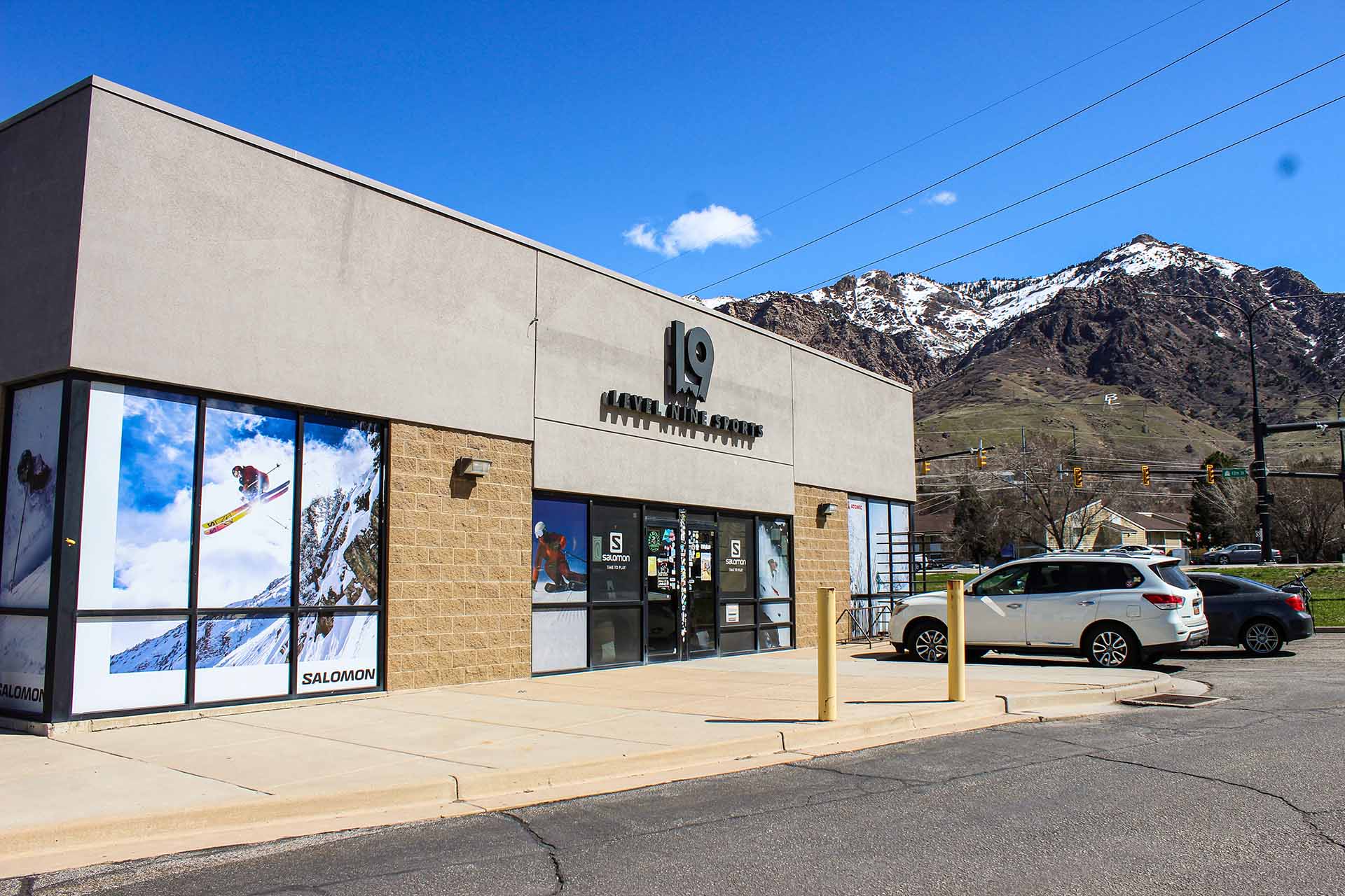 A old Hollywood video store transformed into a ski and bike shop with a Level Nine Sports sign on the front wall