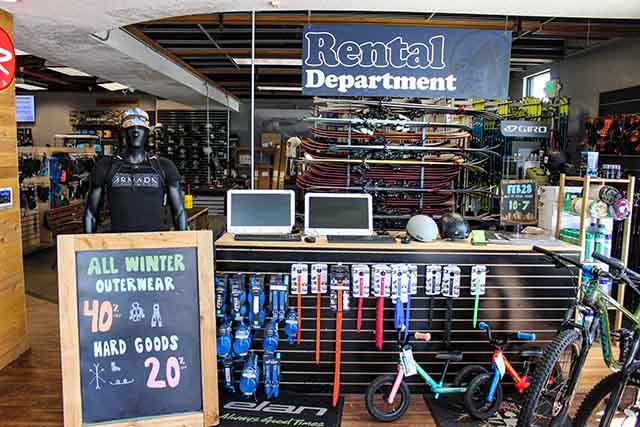 Rental Department with Skis and other simple items viewed from walking through the front door.